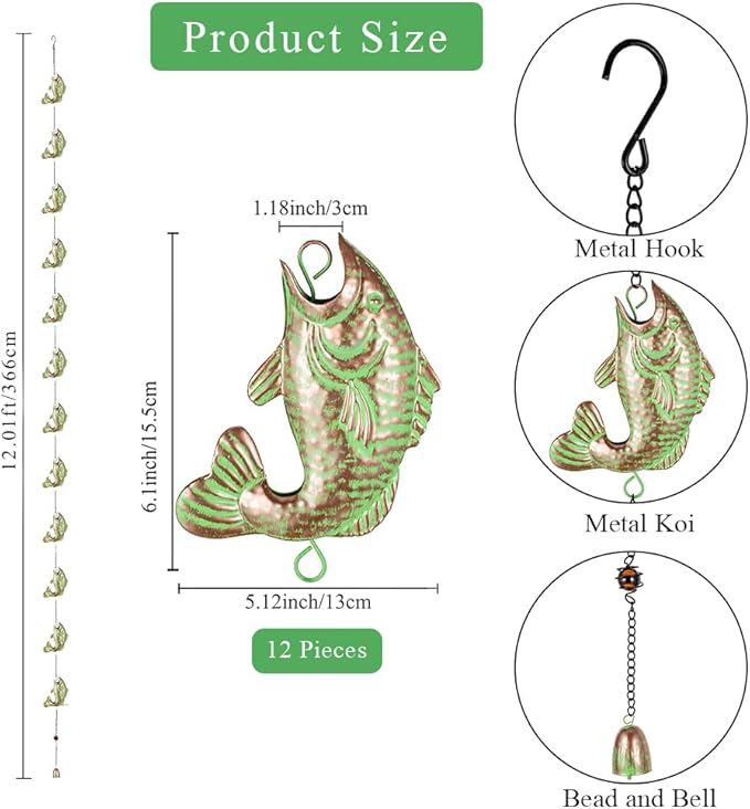 12ft Rain Chains for Gutters, Fish-Shaped Rain Chain with 12-Cup, Adjustable Rain Catcher Chain with Bell, Replacement Downspout for Gutters, Eaves, and Drainage