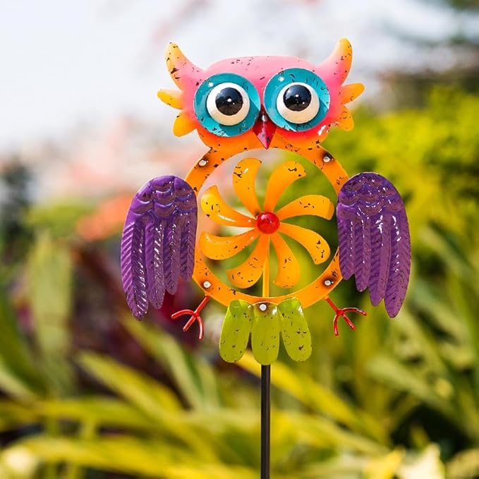 Oak & Lore Colorful Owl Wind Spinners Outdoor Metal Garden Wind Sculptures & Spinners with Stakes for Patio, Lawn, Backyard Outdoor Decor