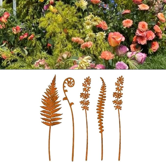 Set of 5 Vintage Metal Garden Stakes for Elegant Lawn, Pathway and Flower Bed Decoration, 36cm Iron Outdoor Art Sculptures