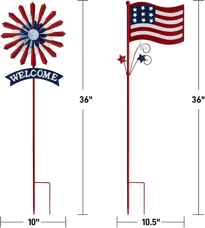 A ANLEOLIFE Decorative Garden Stakes for Outside, Metal Garden Decor Rustic American Flag and Welcome Sign, Yard Stakes Indoor & Outdoor Patio Lawn