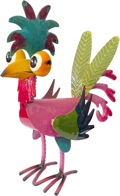7.9" Garden Rooster Statues Sculpture, Metal Rooster Statues, Outdoor Animal Statue, Chicken Ornaments Yard Art for Backyard Patio Lawn Decorations (Pink)
