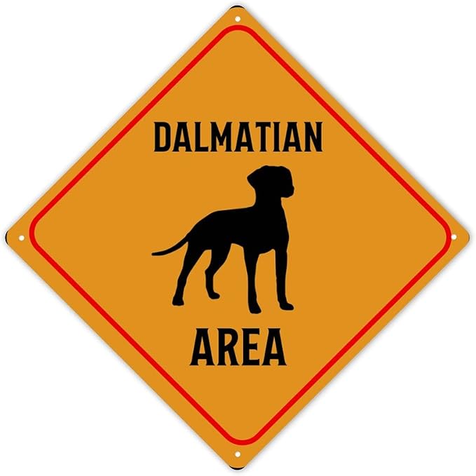 Warning Dalmatian Area Aluminum Metal Sign Dalmatian Dog Caution Crossing Xing Street Sign Yellow Diamond Shape Funny Metal Sign For Indoor Outdoor 10x10in