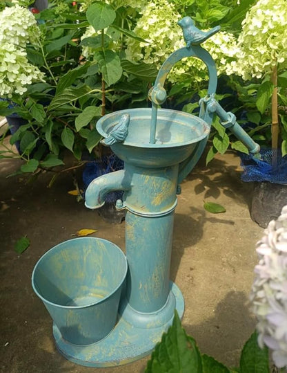 Vintage Garden Water Pump Decor, Rustic Wrought Iron Bird Bath, Red, Blue, White, Rust, Outdoor Yard Decor, Height 22 Inches (Blue)