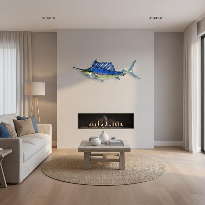LIFFY Metal Fish Wall Decor,36" Large Swordfish Wall Art,Indoor Outdoor Tropical Ocean Glass Sailfish Art Sculptures Home Decorative Ornaments for Garden Porch Bedroom Living room