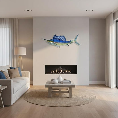 LIFFY Metal Fish Wall Decor,36" Large Swordfish Wall Art,Indoor Outdoor Tropical Ocean Glass Sailfish Art Sculptures Home Decorative Ornaments for Garden Porch Bedroom Living room