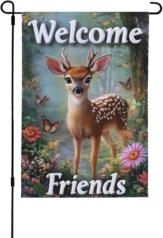 Beautiful Deer Garden Flags 12×18 Inch Welcome Friends Double Sided Decorative Yard Banner Seasonal Flag for Outdoor Outside Decor