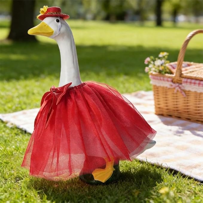 Porch Goose Outfits Four-Layer Mesh Skirt Goose Outfit with Bow Tie Hat for 17-23" Lawn Cement Plastic Geese Statue for Garden Yard Decor Accessories(Red)