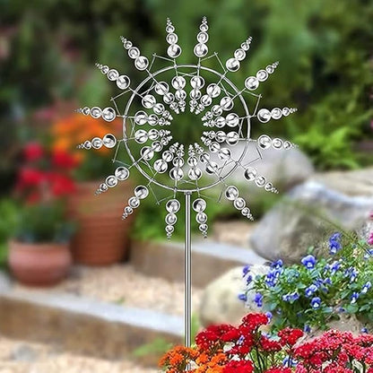 2Pcs Unique Fantasy Metal Windmill, 3D Wind Powered Kinetic Sculpture, Dual-Tiered Opposite-Directional Rotation, Stainless Steel Wind Spinners, Silver