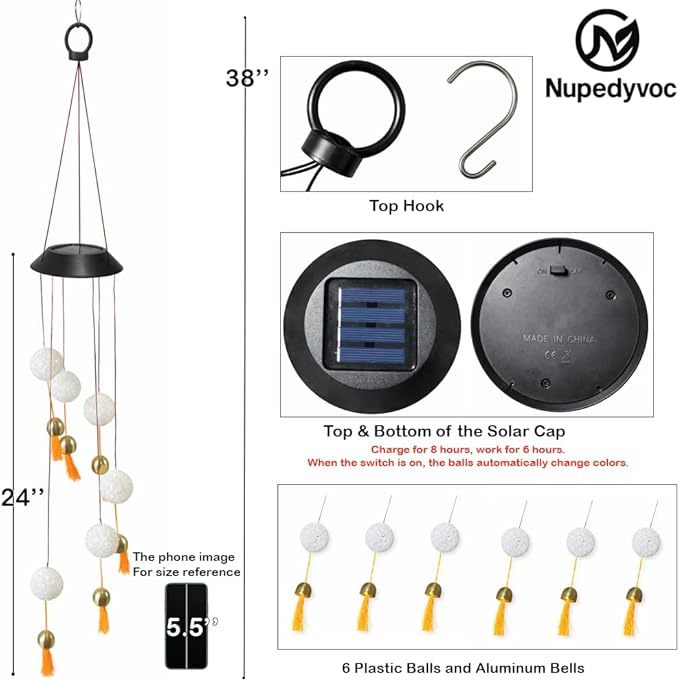 38” Mini Ball Bell Solar Light LED Wind Chime for Outside, Weather Resistant Decoration Outdoor Garden Patio Subtle Tone Decor, Ideal Gift for Birthday, Mother's Day, Meditation, Ambiance