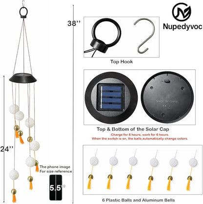 38” Mini Ball Bell Solar Light LED Wind Chime for Outside, Weather Resistant Decoration Outdoor Garden Patio Subtle Tone Decor, Ideal Gift for Birthday, Mother's Day, Meditation, Ambiance