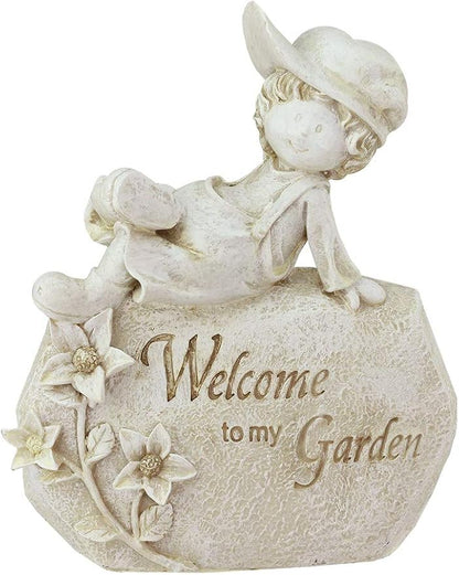 Northlight 7.5" Boy Sitting on Rock 'Welcome to My Garden' Outdoor Patio Garden Statue