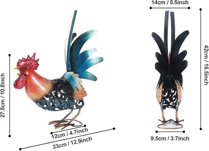 16.5" Whimsical Metal Rooster Garden Statue, Handmade Morning Crowing Rooster Sculpture with Green Tail Feathers, Rust-Resistant Iron Art for Yard, Farmhouse, Kitchen & Outdoor Decor