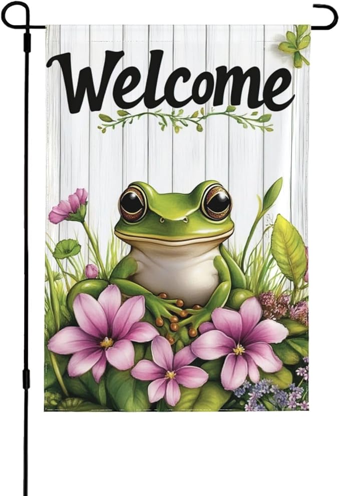 Welcome Frog Pink Flowers Garden Flags 12×18 Inch Double Sided Decorative Yard Banner Seasonal Flag for Outdoor Outside Decor