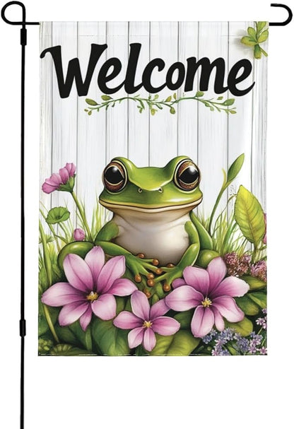 Welcome Frog Pink Flowers Garden Flags 12×18 Inch Double Sided Decorative Yard Banner Seasonal Flag for Outdoor Outside Decor