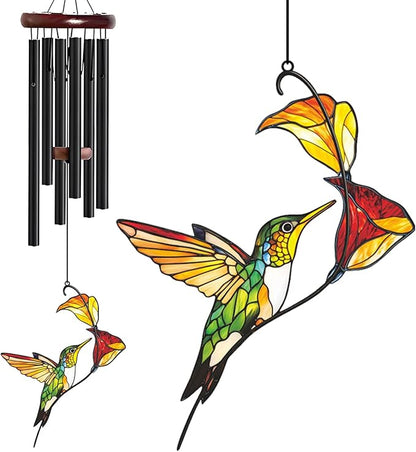 Personalized Metal Wind Chime Garden Sign, 40 Inch Outdoor Colorful Bird & Flower Memorial Decor, Yard Hanging Plaque for Patio Porch Lawn (JSTY369)