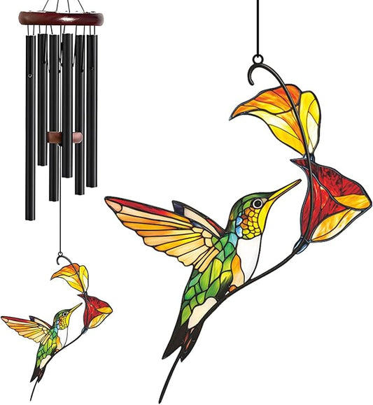Personalized Metal Wind Chime Garden Sign, 40 Inch Outdoor Colorful Bird & Flower Memorial Decor, Yard Hanging Plaque for Patio Porch Lawn (JSTY369)