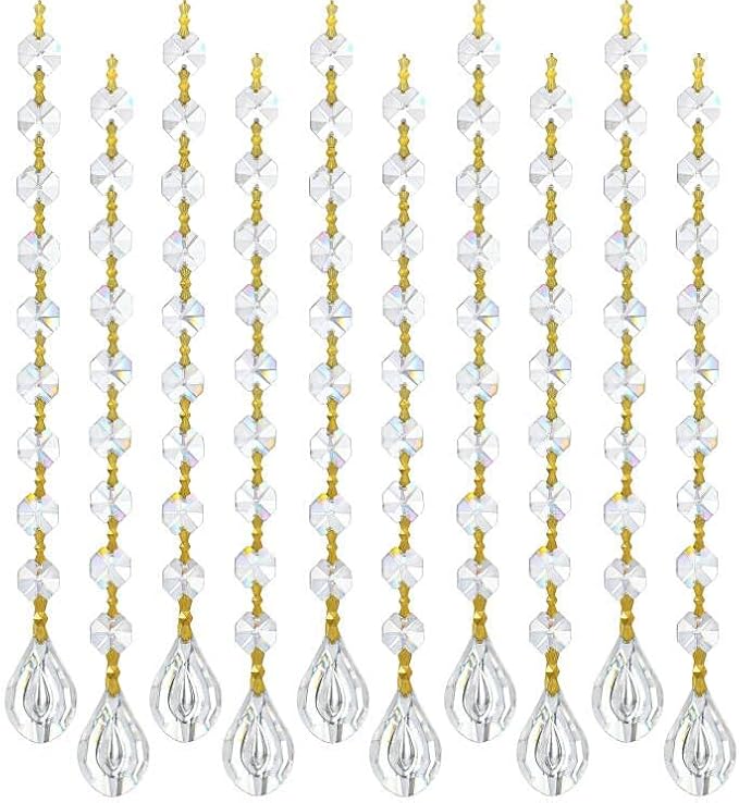 10pcs Crystal Garland Strands Crystal Lamp Beads Glass Loquat Prism Hanging Chandelier Beads Replacements Strings Christmas Wedding Decoration for Home Gold Pinning