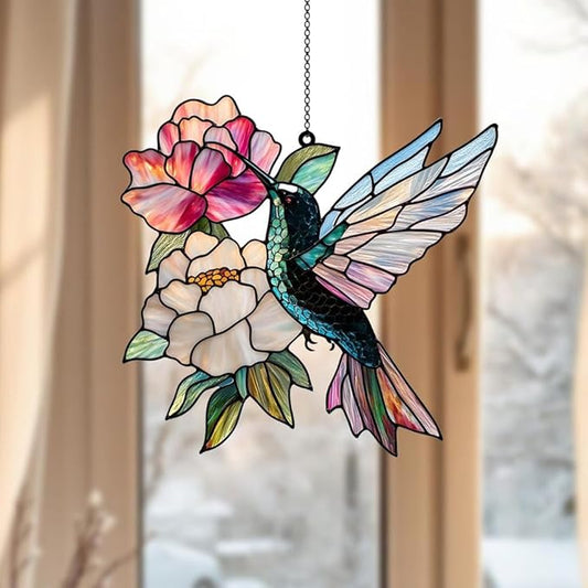 Hummingbird Handmade Resin Suncatchers Peony Flowers, Artisan Sun Catcher Stained Glass Effect Hummingbird Ornaments Window Hanging Garden Decor, Gifts for Mother's Day, Mom, Grandma, Wife, Women