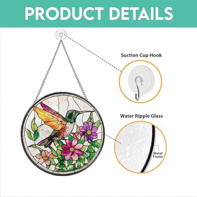 Stained Glass Window Hanging Sun Catcher 7.8 in, Hummingbird Suncatcher for Window, Colorful Round Glass Panel Art Ornament Ready to Hang, Indoor Home Garden Decor Gift for Women