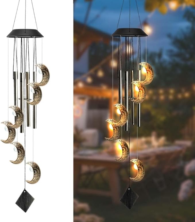 Solar Wind Chimes for Outside, Waterproof Hanging Moon Wind Chimes for Outside， Balcony Patio Garden Decoration, Gift for Loved Ones Friends and Neighbors(Moon)