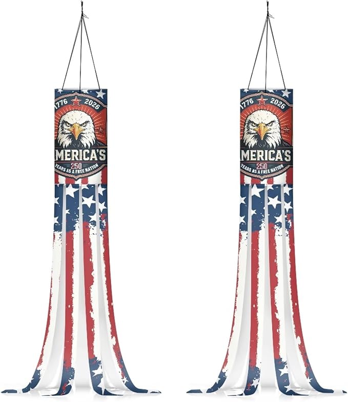 Jeiento 40Inch US Flag with Eagle Windsock Flag 2 Pack American Flag Wind Socks Independence Day Outdoor Hanging Decoration Celebrate 250 Years Anniversary Windsock for Garden/Yard/Tree,Spring Decor