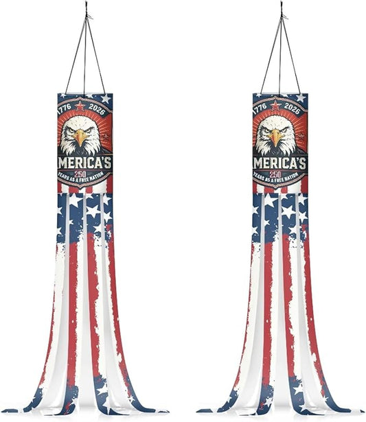 Jeiento 40Inch US Flag with Eagle Windsock Flag 2 Pack American Flag Wind Socks Independence Day Outdoor Hanging Decoration Celebrate 250 Years Anniversary Windsock for Garden/Yard/Tree,Spring Decor