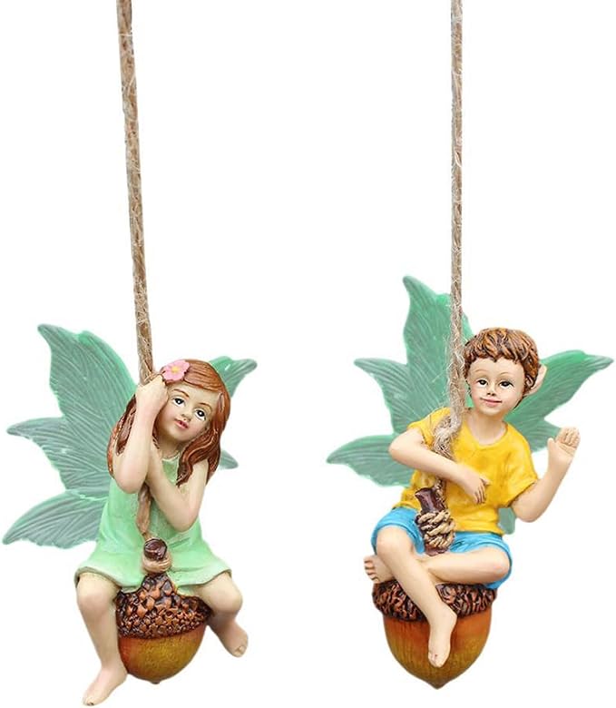 2PCS Hanging Fairies Garden Statue Decoration Boy & Girl Figurines Sitting on an Acorn with Luminous Wings Resin Micro Landscape Ornaments for Outdoor Farmhouse Patio Yard Tree Decor (D)