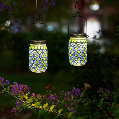 Stargarden 2 Pack Mosaic Solar Lantern , Outdoor Hanging Lantern Waterproof Table Lamp Mosaic Night Light for Tree, Garden, Patio, Yard, Outdoor(Blue Green)