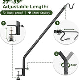 Kingsyard Heavy Duty Deck Hook, 27"-39" Adjustable Metal Deck Railing Hooks for Hanging Bird Feeders, Planters, Suet Baskets, Lanterns, Wind Chimes, Clamp Mounted