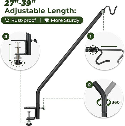 Kingsyard Heavy Duty Deck Hook, 27"-39" Adjustable Metal Deck Railing Hooks for Hanging Bird Feeders, Planters, Suet Baskets, Lanterns, Wind Chimes, Clamp Mounted