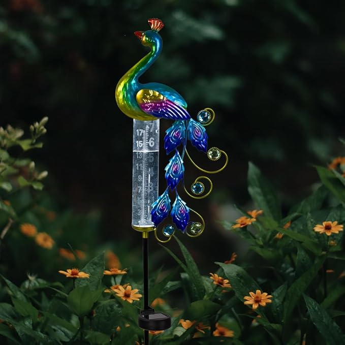 Peacock Rain Gauge Outdoor 36.6" Solar Powered Large Rain Gauges Freeze Proof Water Gauge with Metal Stakes Decorative for Garden,Lawns,Patio