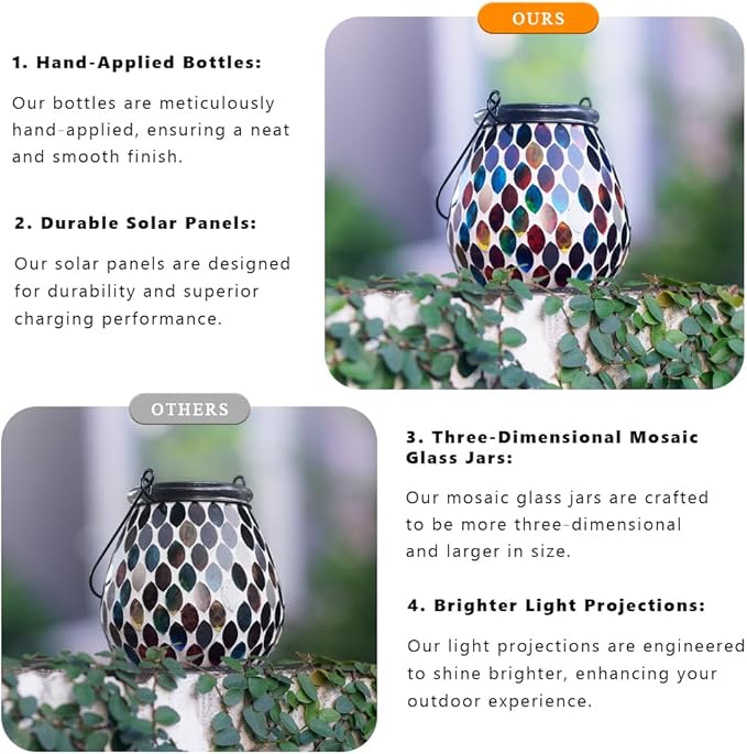 Starsoul 2 Pack Solar Lanterns Outdoor Waterproof, Exquisite Colorful Mosaic Glass Solar Garden Decor, Gifts for Women Mom Grandma