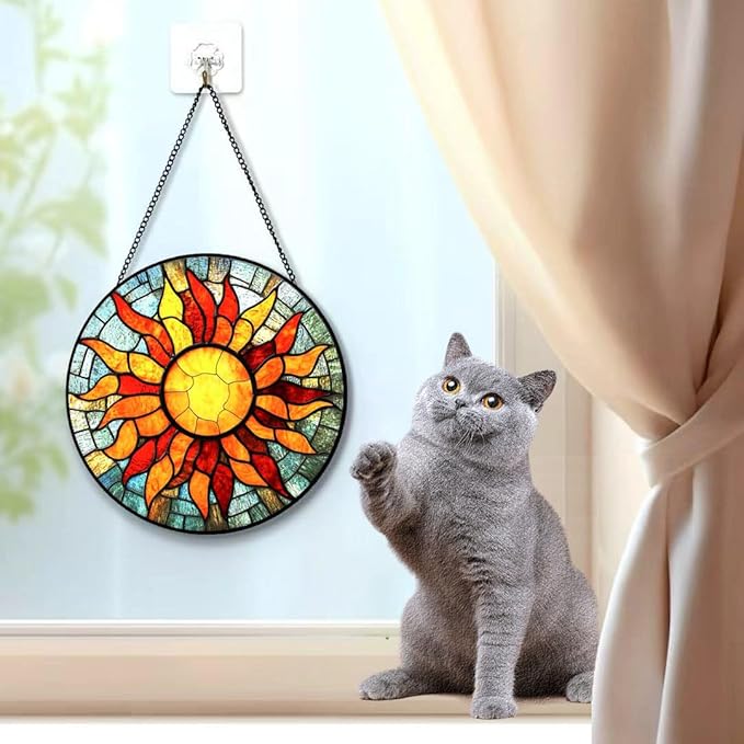 Funoasis Stained Glass Window Hanging 6.3 Inches Suncatcher - Sun and Sun Flames Ornaments Sun Catcher Home Decor Women Birthday