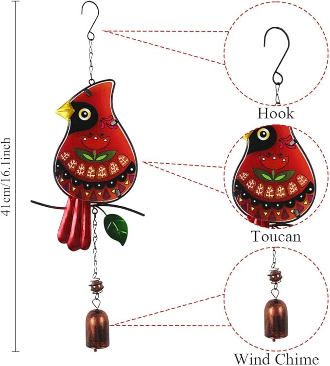 Cardinal Wind Chimes 3 Pack - Metal Wind Chimes for Outside, Waterproof Rustproof Garden Decor with Hanging Hooks, Home Decoration