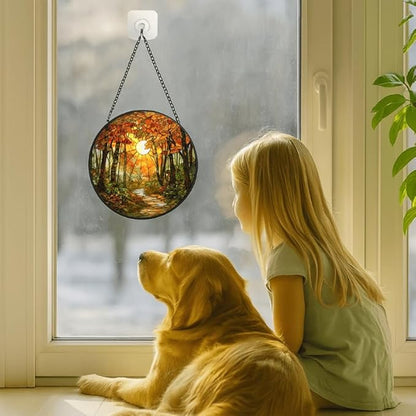 Stained Glass Window Hanging - Autumn Sunlight Through Woods 6.3in Sun Catchers Indoor Stained Glass Panels Wall Decor for Mom,Wife,Lovers,Festive