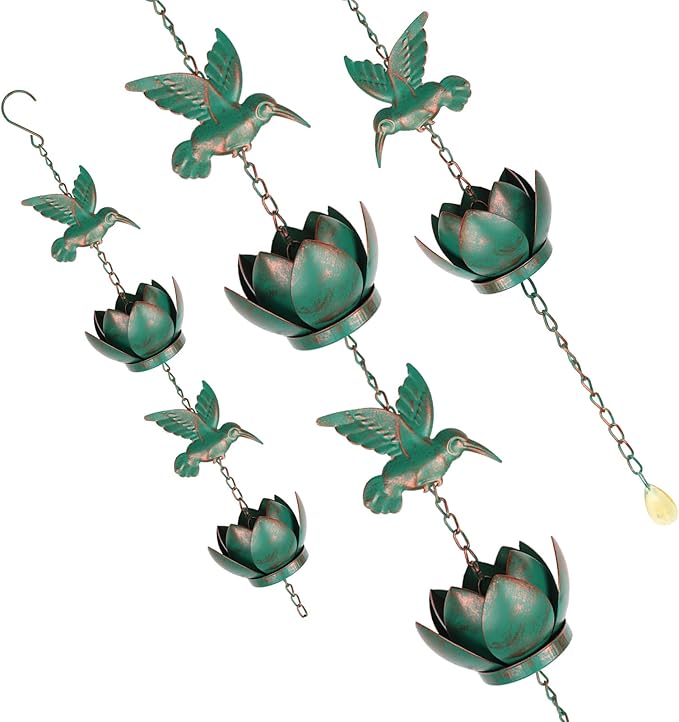 7.87ft Rain Chain for Gutters Downspouts Outside, Decorative Rain Chain with Hummingbird and Lotus Design, Adjustable Rains Catcher Chains with Bell for Eaves Drainage