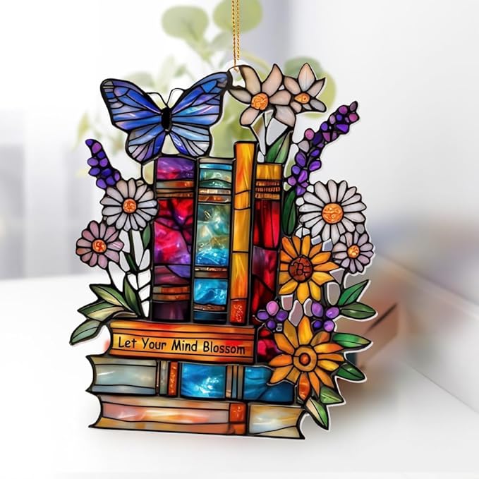 Book Ornament – Stained Glass Style Acrylic Christmas Ornament with,Teacher Back To School Gift, Bookish Gifts For Librarian, BookLovers,Reader, Women, Suncatcher Effect Decor For Christmas Tre,S-18