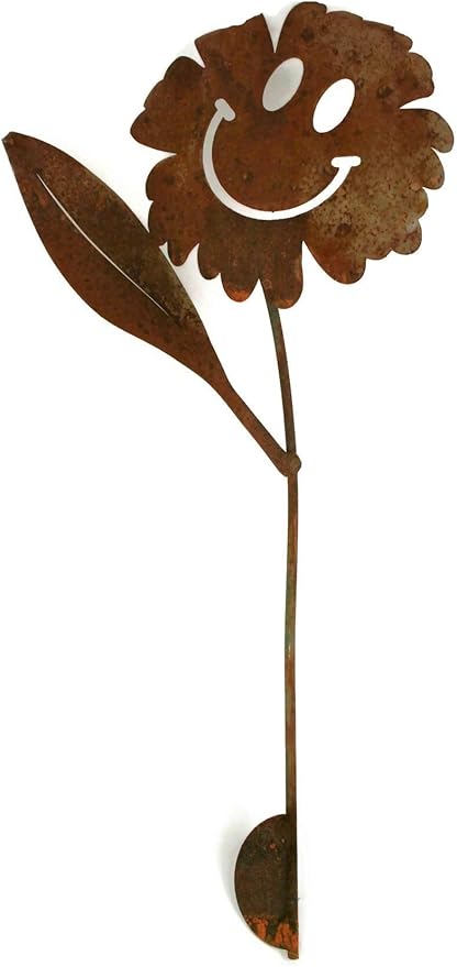Metal Rustic and Colorful Flower Stakes Ranging from 9.5 to 36 Inches Tall (Waving Smiling Daisy 21" Tall, Naturally Rusted)