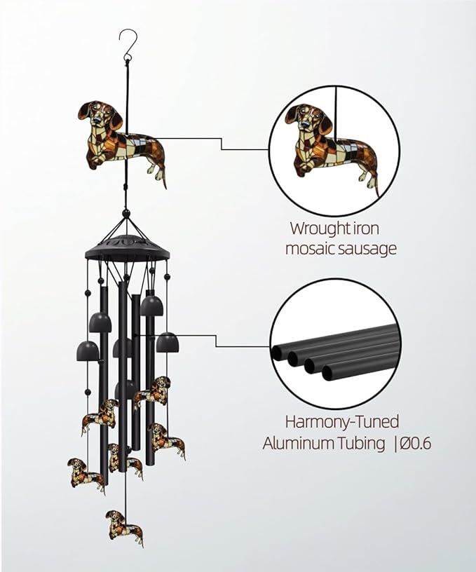35.4" Dachshund Wind Chimes for Outside, Metal Windchimes, Dachshund Wind Chime Garden Decor, Mothers Day Birthday Memorial Gifts for Mom Grandma Wife, Durable Outdoors Decor