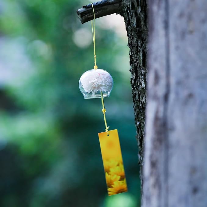Japanese Wind Chime Glass Outdoor Ornament for Garden, Patio & Balcony, Hanging Wind-Bell Decoration Gift, Blessing Pendant Windchimes & PVC Wind-Catcher, Yellow Flower