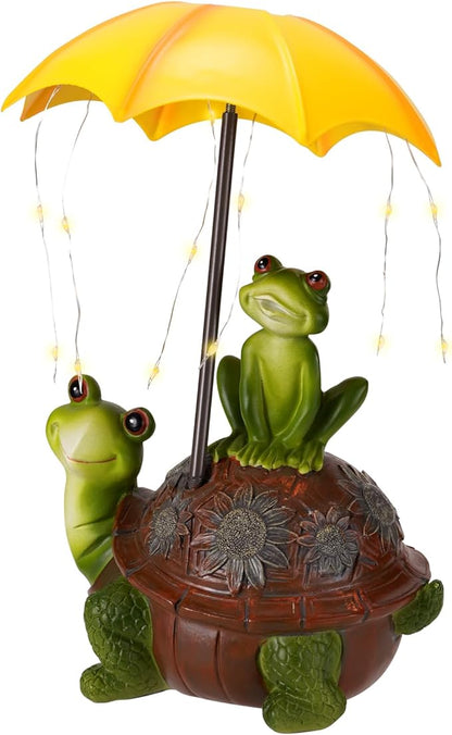 Solar Garden Statues Decor Turtle & Frog with LED Lights and Umbrella, Outdoor Garden Statues, Yard Statue Decorations for Patio, Balcony Housewarming, Lawn Ornaments Gifts for Women