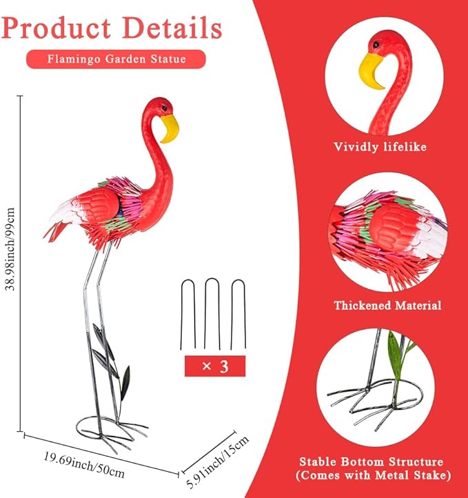 Large Flamingo Statue for Yard, 38.9 Inch Elegant Metal Flamingo Yard Art for Backyard Decor, Lawn Ornament for Patio, Pond, Garden, Present for Woman(Red)