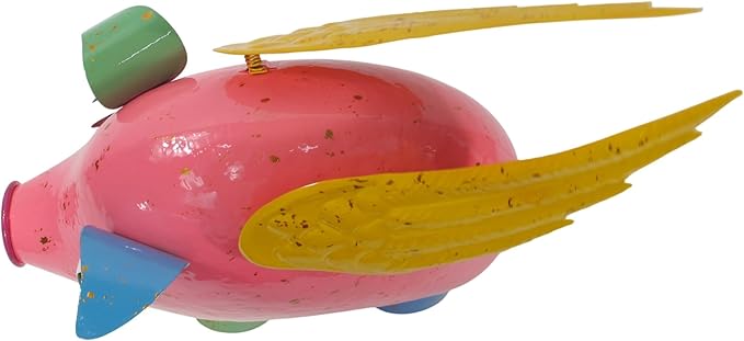 Colorful Enameled Metal Flying Pig Statue - Pink, Patio and Lawn Outdoor Garden Decor, Indoor Home Decoration, Yard Art, Farm Animal Sculpture