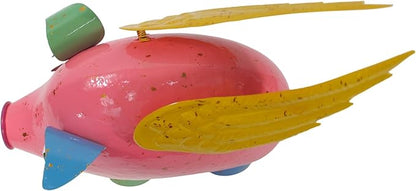 Colorful Enameled Metal Flying Pig Statue - Pink, Patio and Lawn Outdoor Garden Decor, Indoor Home Decoration, Yard Art, Farm Animal Sculpture