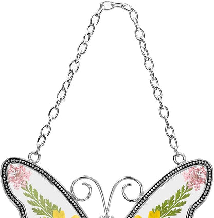 Butterfly Suncatcher Wind Chime with Embossed Colorful Flower Wings, for Mom Butterfly Glass Wind Chime with Hook and Metal Heart Hang Tag, Birthday Gift for Mom's Grandmother (Yellow Mom)