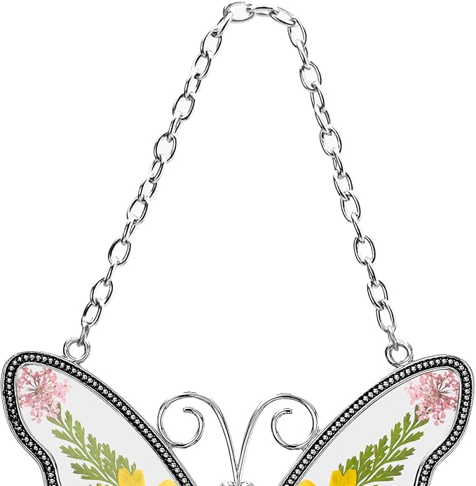Butterfly Suncatcher Wind Chime with Embossed Colorful Flower Wings, for Mom Butterfly Glass Wind Chime with Hook and Metal Heart Hang Tag, Birthday Gift for Mom's Grandmother (Yellow Grandma)