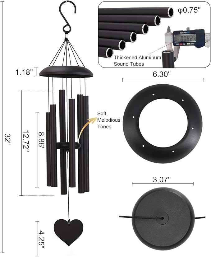 32" Deep Tone Wind Chimes for Outside, Tuned C Major Aluminum Wind Chime with Gift Envelope, Sympathy Memorial Wind Chime for Garden Patio Porch Decor, Heart Design, Black