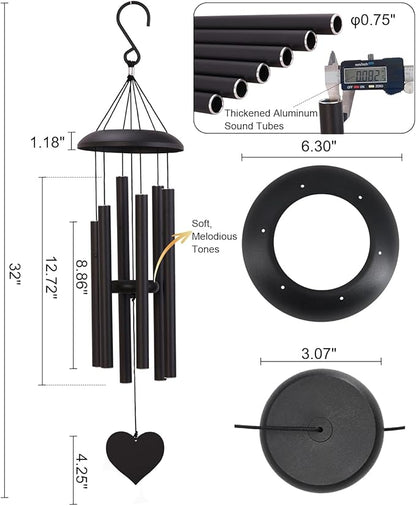 32" Deep Tone Wind Chimes for Outside, Tuned C Major Aluminum Wind Chime with Gift Envelope, Sympathy Memorial Wind Chime for Garden Patio Porch Decor, Heart Design, Black