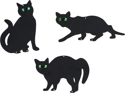 Pet Fit For Life Decorative Black Metal Cats for Outdoor Garden and Yard - Iron Silhouettes with Reflective Green Eyes - Set of 3 with Stakes and Hangers