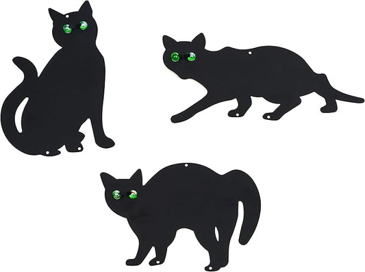 Pet Fit For Life Decorative Black Metal Cats for Outdoor Garden and Yard - Iron Silhouettes with Reflective Green Eyes - Set of 3 with Stakes and Hangers